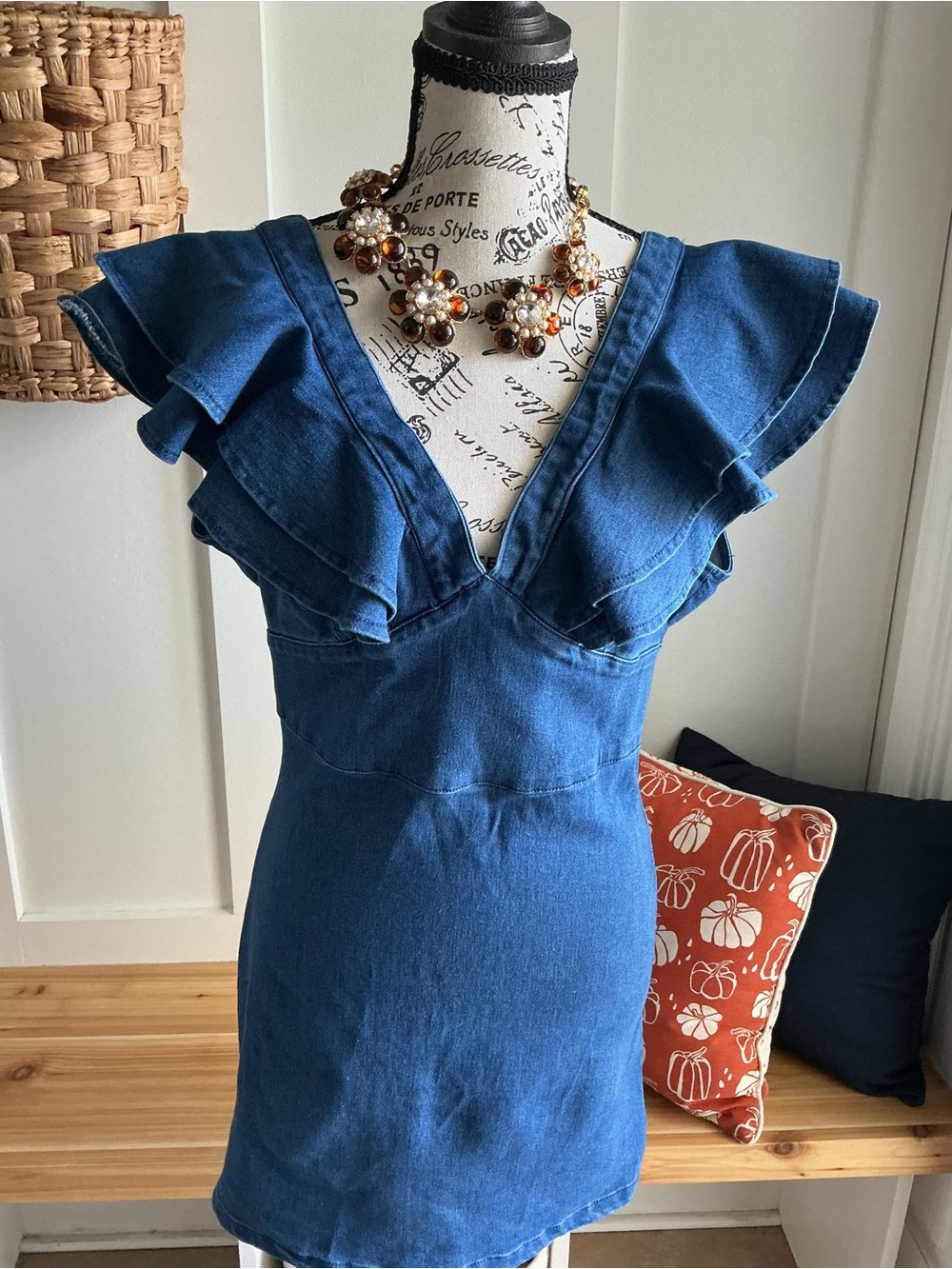 Flying Tomato Blue Denim Ruffle V-Neck Mini Dress